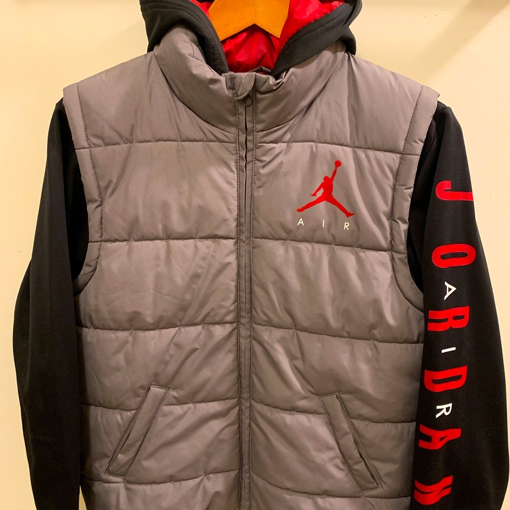 Jordan jacket. Size Youth large ages 12-13. Color red grey and black.